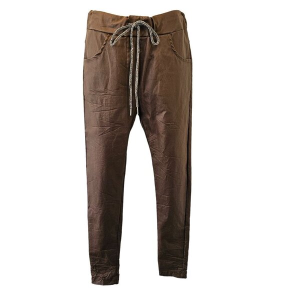 Venti6 Brown Crinkle Jogger Women XS Drawstring Pants Lurex Drawstring Close NWT - Picture 1 of 10